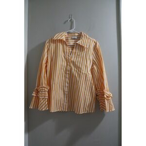HARSHMAN Selina Marigold Stripes Button Front Ruffle Sleeve Shirt M
